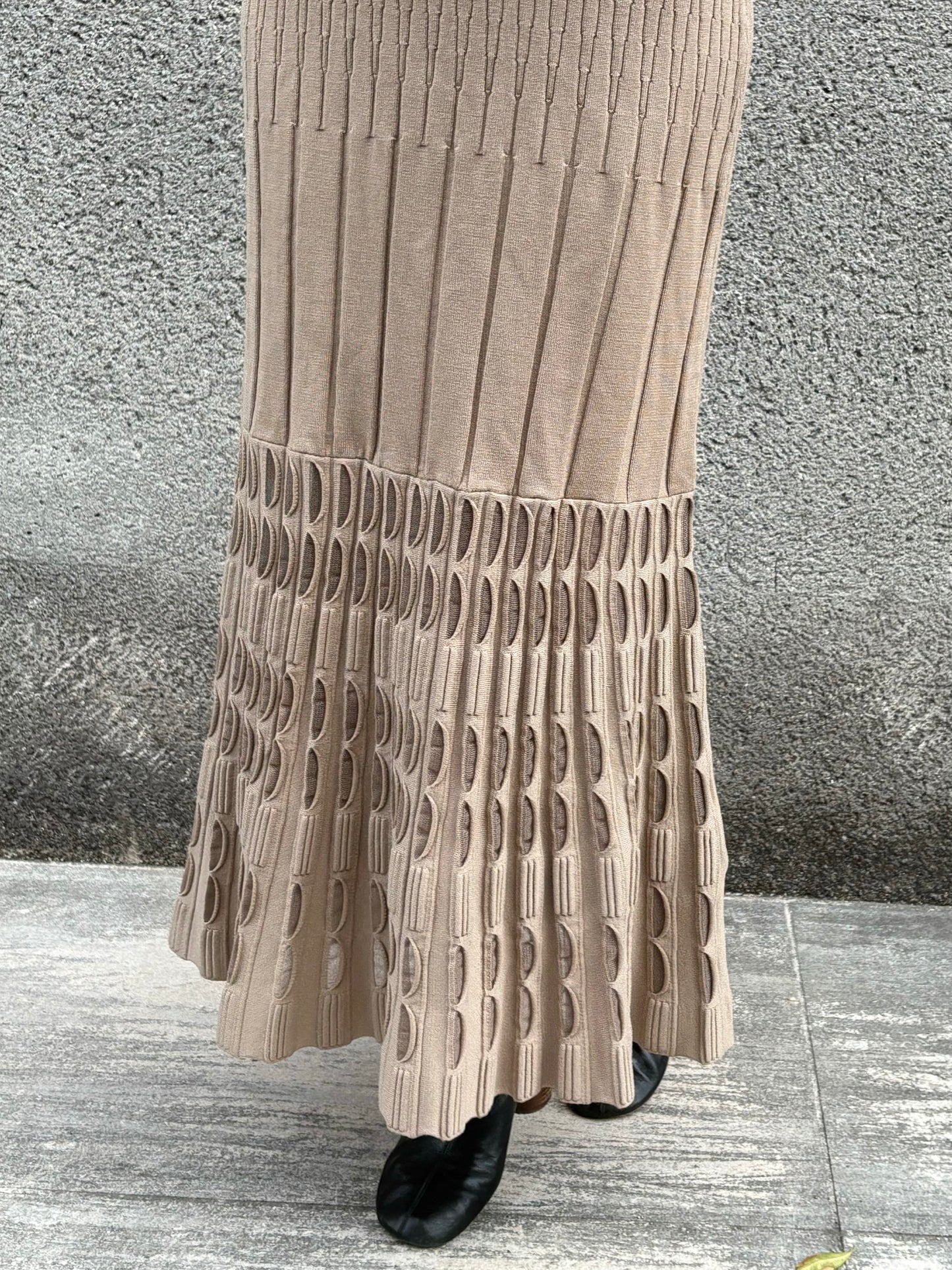 透かし編みリブレースニットドレス